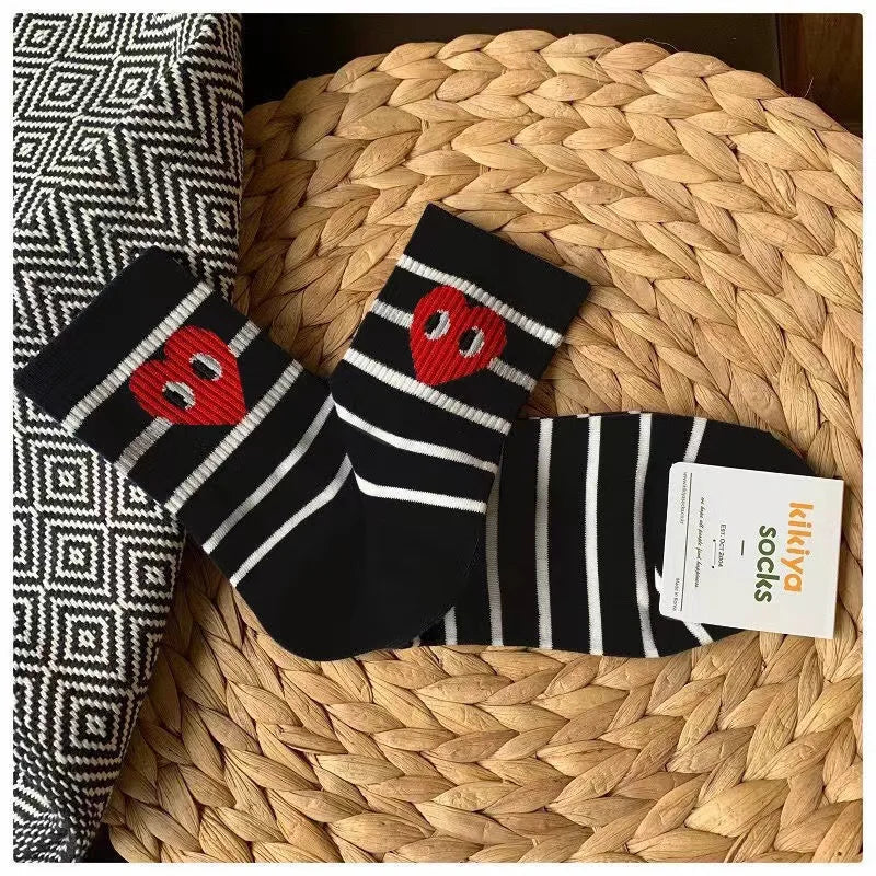 Korean Version of Black and White Striped Polka Dot Solid Color Love Tide Socks Sports Ins Style Trend Casual Socks