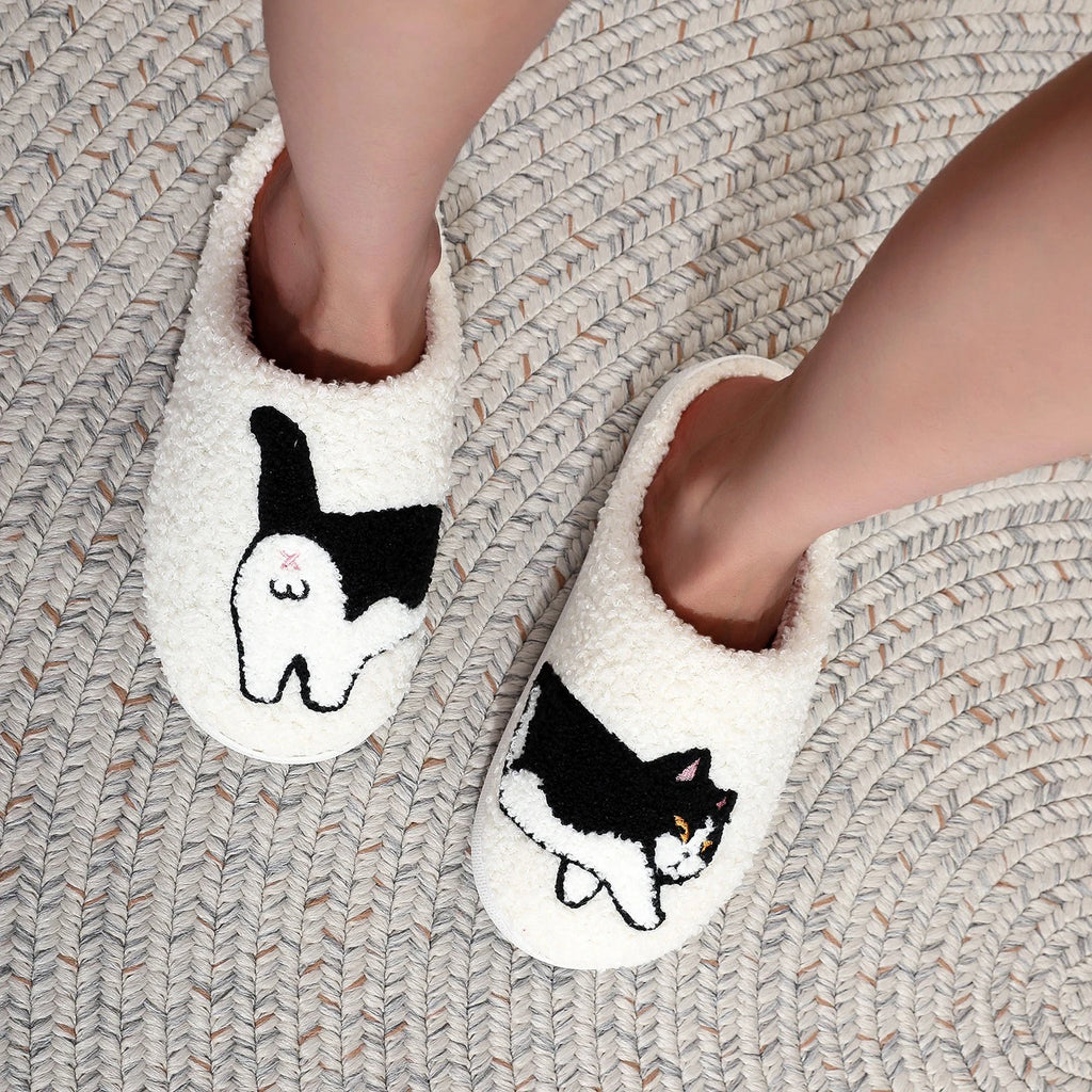 Cow Cat Pet Pattern Embroidered Plush Home Thick-Soled Comfortable Woolen Cotton Slippers Cute Warm Non-Slip Indoor Slippers Pet Mother Gift Cat Lovers Men and Women Can Wear