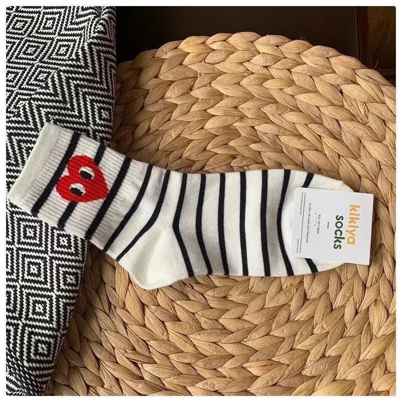 Korean Version of Black and White Striped Polka Dot Solid Color Love Tide Socks Sports Ins Style Trend Casual Socks